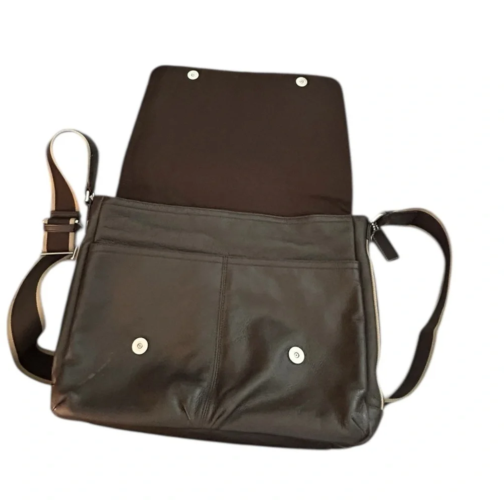 Coach Men's Heritage Web  Brown Leather Messenger Bag with Adjustable Strap